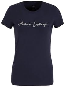 A｜X ARMANI EXCHANGE Women's Rhinestone Script Logo Cotton Crewneck T-Shirt
