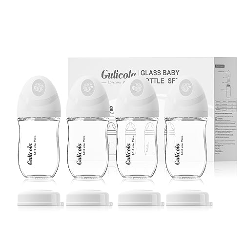 Gulicola Natural Glass Baby Bottle 4 Pack, Newborn Breastfeeding Bottles Gift Set, Extra Slow Flow Nipples (SS), Anti Colic, 0 Months+, 5 oz - White