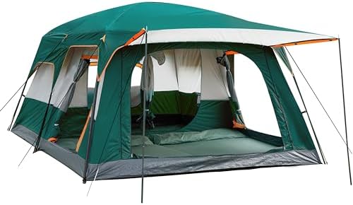 KTT Extra Large Tent 10-12 Person(B),Family Cabin Tents,2 Rooms,3 Doors and 3 Windows with Mesh,Straight Wall,Waterproof,Double Layer,Big Tent for Outdoor,Picnic,Camping,Family Gathering