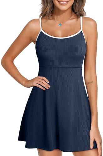 Aleumdr Women’s Ribbed One Piece Swimsuits Modest Swim Dress Tummy Control Adjustable Straps Bathing Suit with Pockets