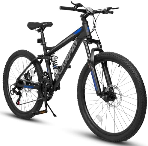 Ecarpat Mountain Bike 24/26/27.5 Inch, Front/Full Dual Suspension Mountain Bike, 21-Speed, Disc/V-Brake Steel Frame, Mens Womens Trail Commuter City Bicycles