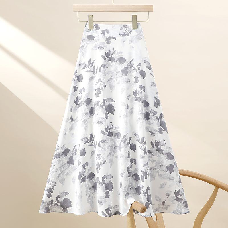 Summer K-style Easiest for Match High Waist Fat Cover Slimming Large Hem A- line Skirt French Retro Mid Length Long Length Floral Skirt