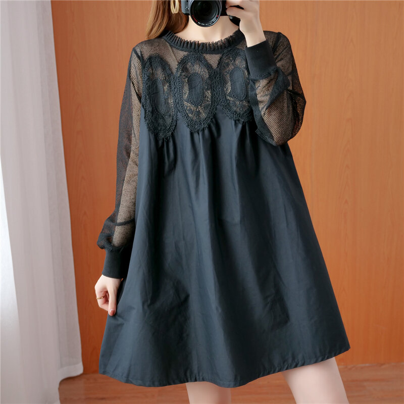 Autumn Clothes plus Size Women's Clothes Loose Hollow Lace Net Yarn Splicing Fat mm Covering Belly Thin Long-Sleeve Dress