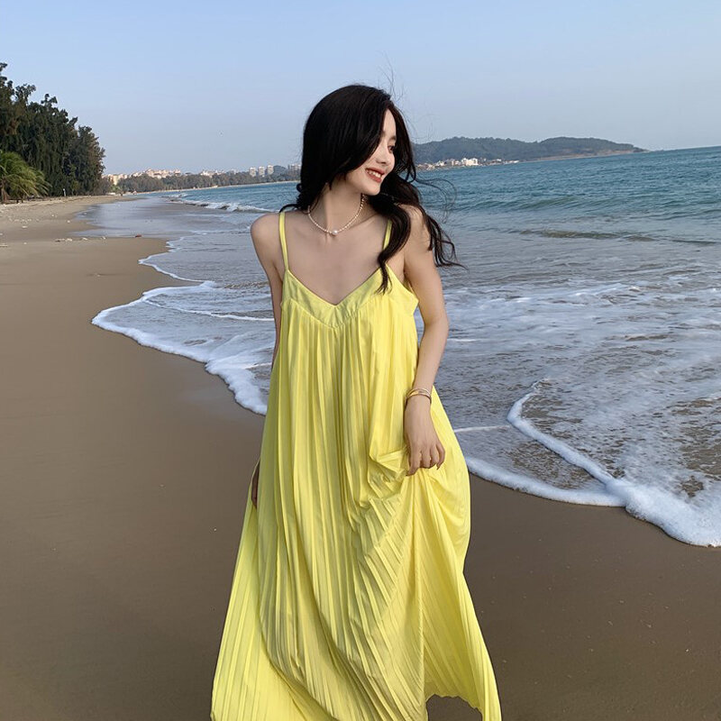 Bali Beach Skirt Seaside Holiday Dress Pleated V Neck Loose Slim and Sexy Backless Super Fairy Dress