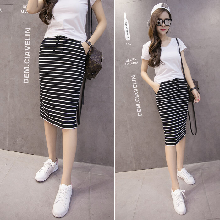 2023 Korean Style Summer New Black and White Striped Casual Pocket Medium Long Sheath Pencil One-Step Skirt Skirt for Women