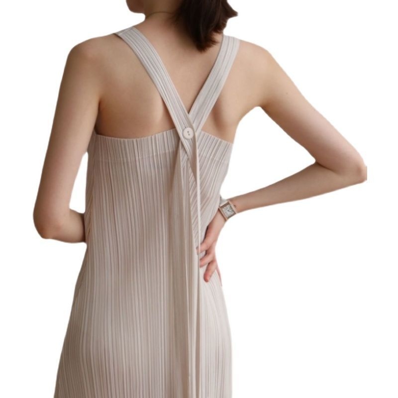 Miyake Pleated Summer Fashion Casual High-Quality Suspender Skirt Slim A-Line Long Skirt Sleeveless
