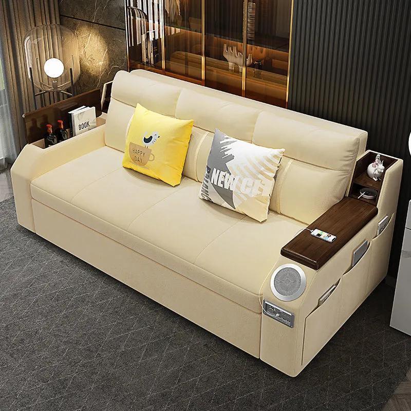 Multifunctional Solid Wood Sofa Bed Foldable Dual-Use Storage Small Apartment Living Room Removable and Washable Single Double Audio Sofa