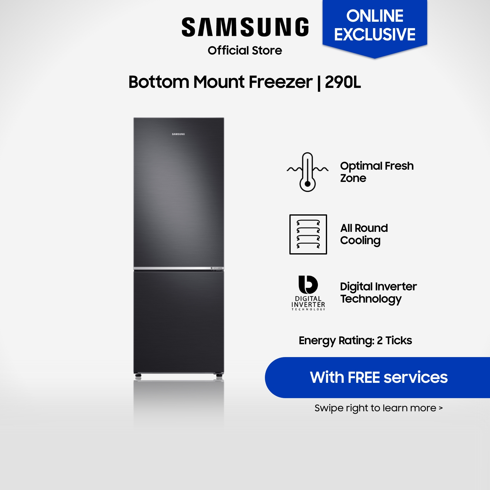 Samsung RB30N4050B1/SS, Bottom Mount Freezer Refrigerator, 290L, 2 Ticks [Online Exclusive]