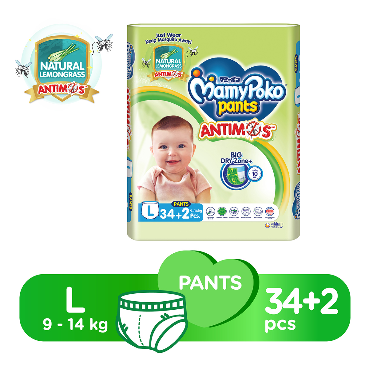 Mamypoko Anti-Mosquito (Antimos) Pants Baby Diapers L 34+2pcs x 4packs (9-14kg)  [Single]